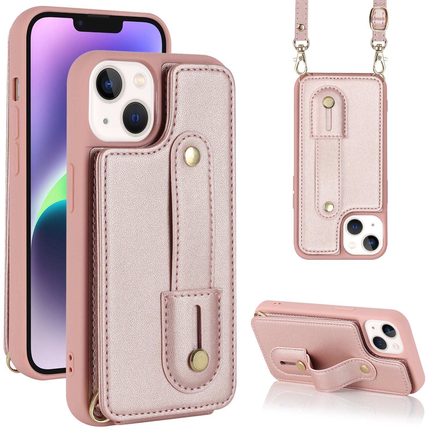 For iPhone 14/13 6.1 inch Wristband Kickstand Back Cover Card Holder PU Leather Coated TPU Phone Case For iPhone 14/13 6.1 inch Wristband Kickstand Back Cover Card Holder PU Leather Coated TPU Phone Case